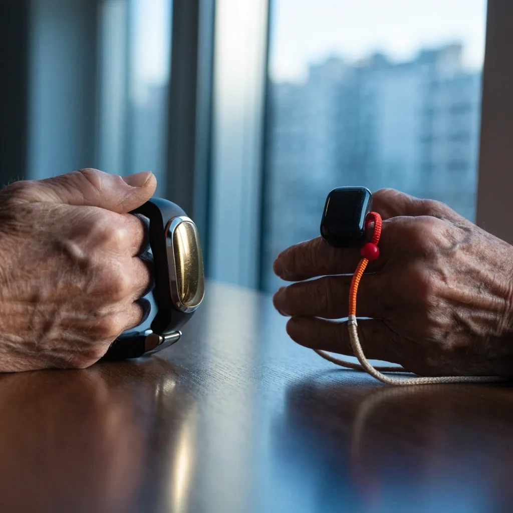 Reloj de emergencia y colgante GPS sobre una mesa, comparados uno al lado del otro