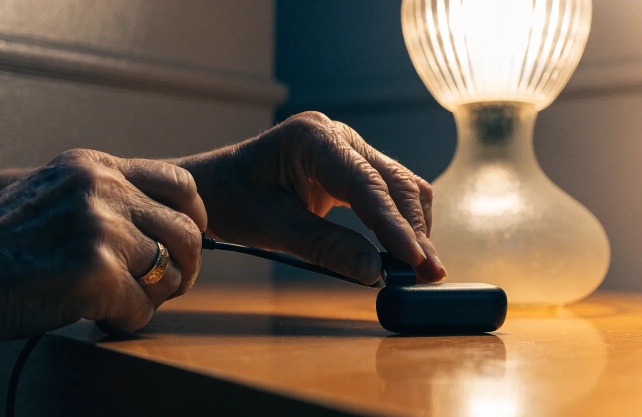 Manos de un hombre mayor conectando el cable USB del colgante sobre la mesa de luz