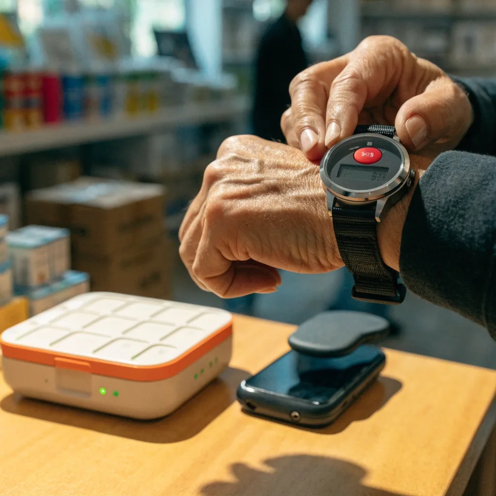 Reloj con botón SOS apoyado sobre una superficie blanca