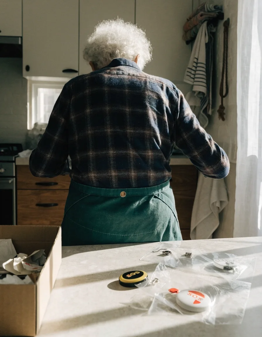 Manos mayores acomodando sobre una mesa de cocina un dispositivo de pulsera con botón de ayuda