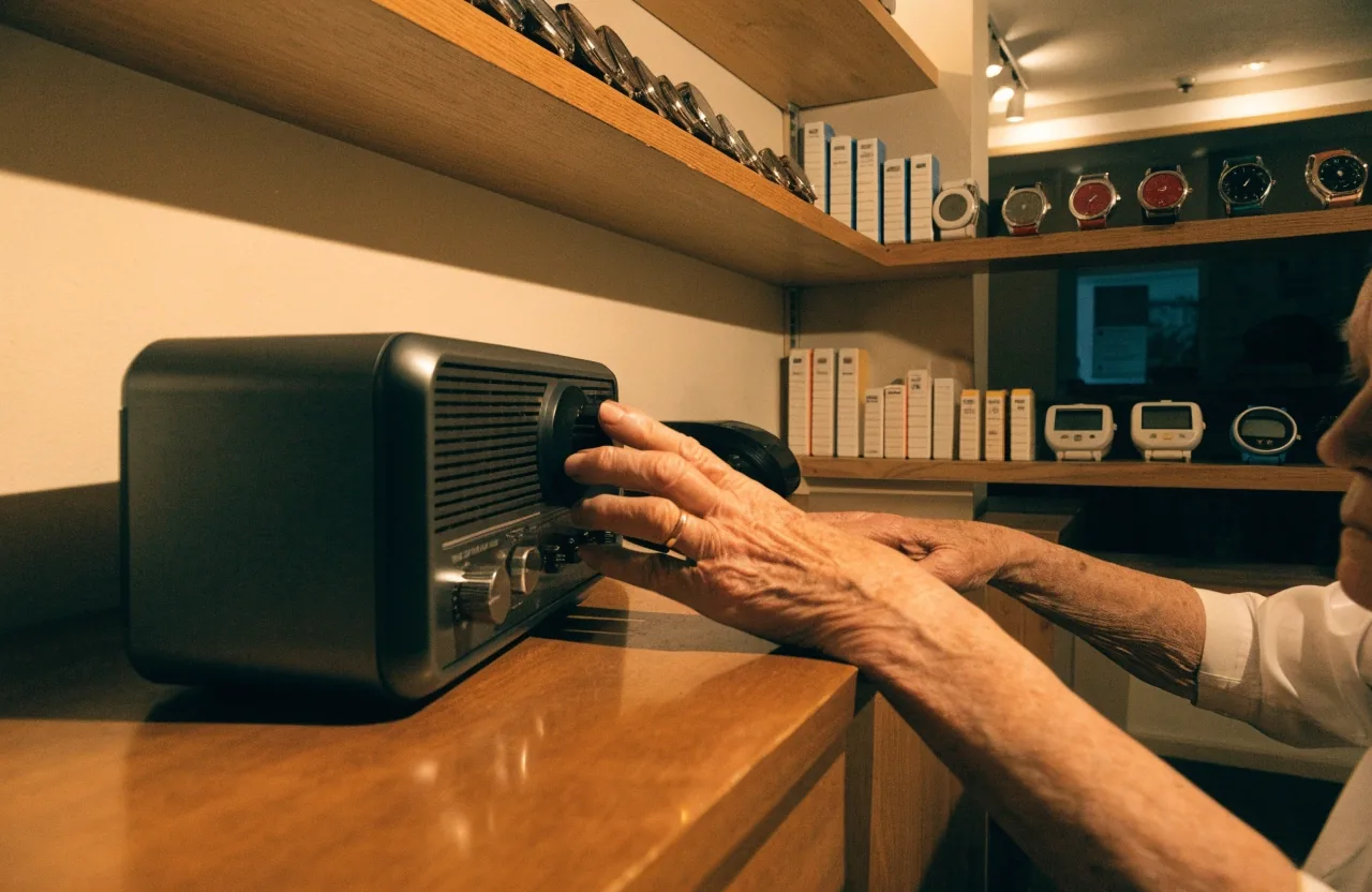 Mano de una persona mayor girando el dial de una radio de casa