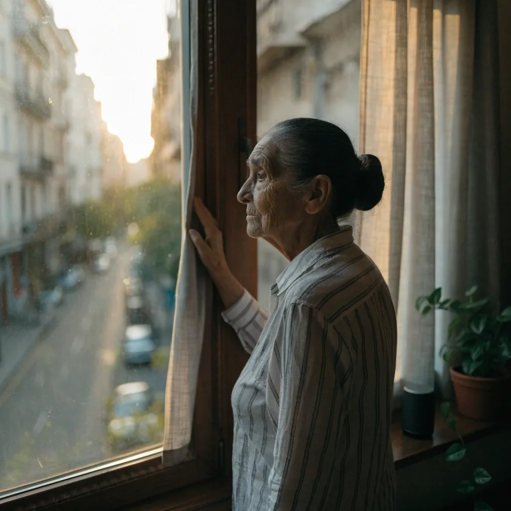 Una mujer mayor junto a la ventana del living con un parlante inteligente sobre el alféizar