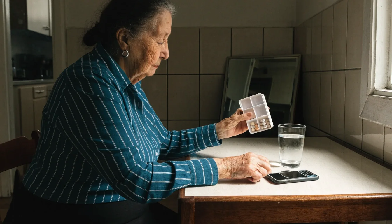 Mano de una persona mayor abriendo un pastillero electrónico sobre la mesa de la cocina a la mañana temprano