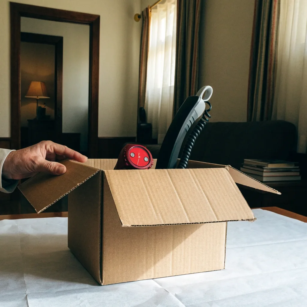 Caja de envío de cartón sin marcas sobre una mesa cubierta de papel, con una mano levantando la solapa