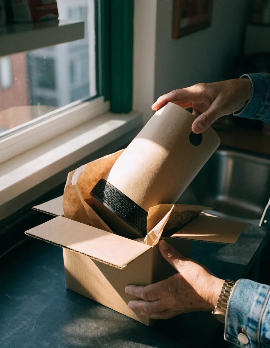 Manos de una persona mayor abriendo la caja de cartón de un pedido sobre la mesa de la cocina