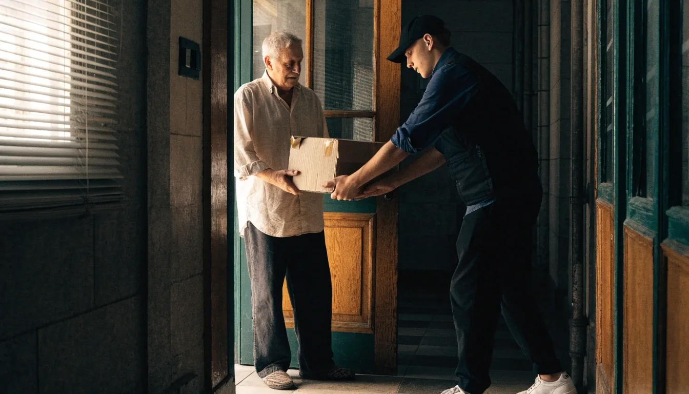 Mensajero entregando un paquete de cartón en la puerta de un edificio de Buenos Aires