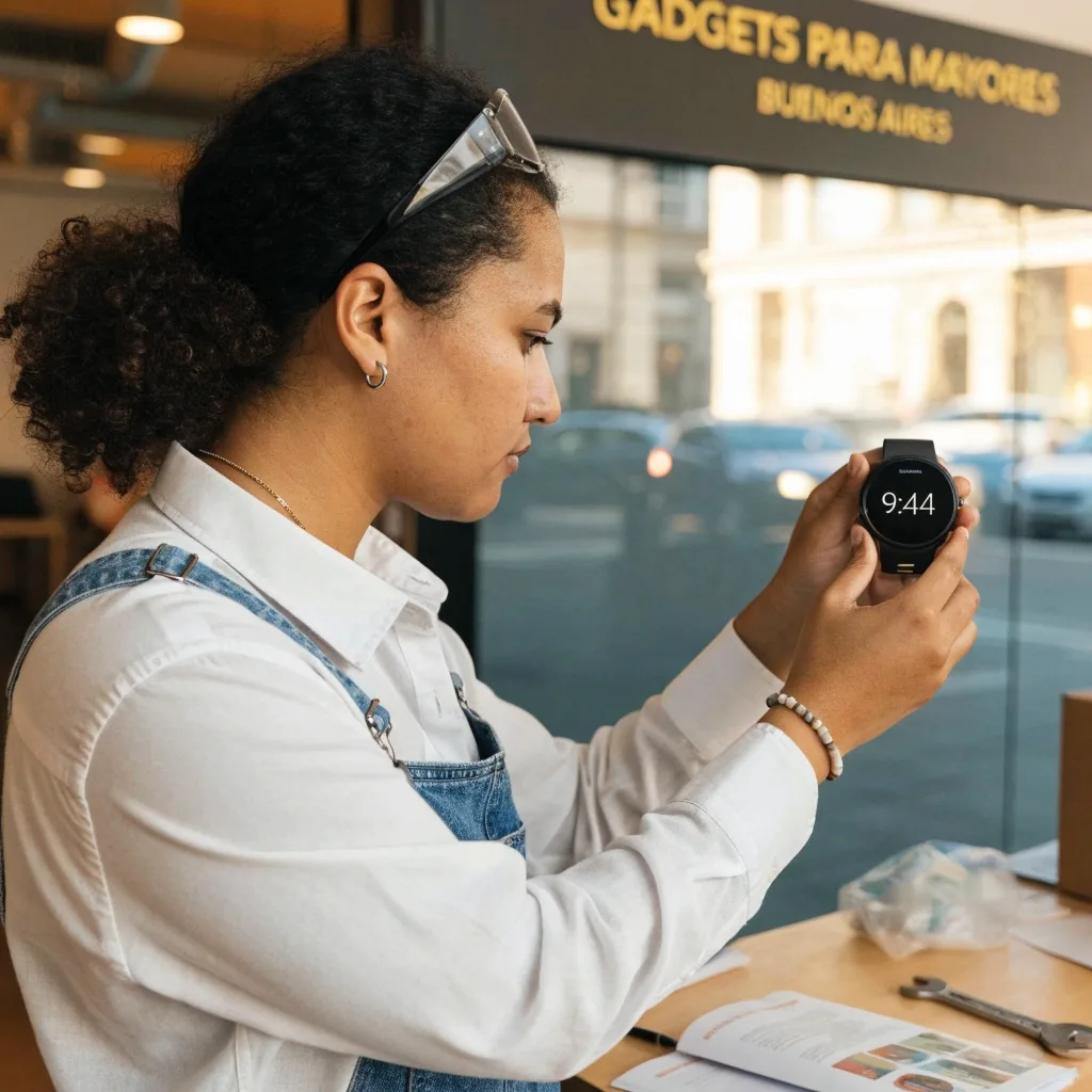 Un integrante del equipo revisando un dispositivo sobre una mesa de trabajo en Buenos Aires